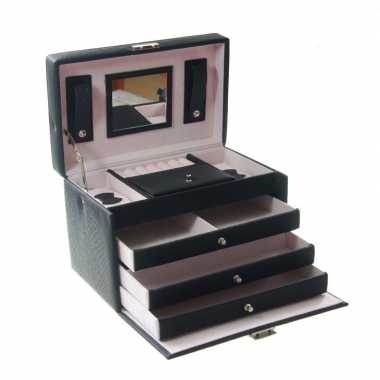 Zwarte sieradenkoffer met lades en handvat 15 x 30 x 20 cm